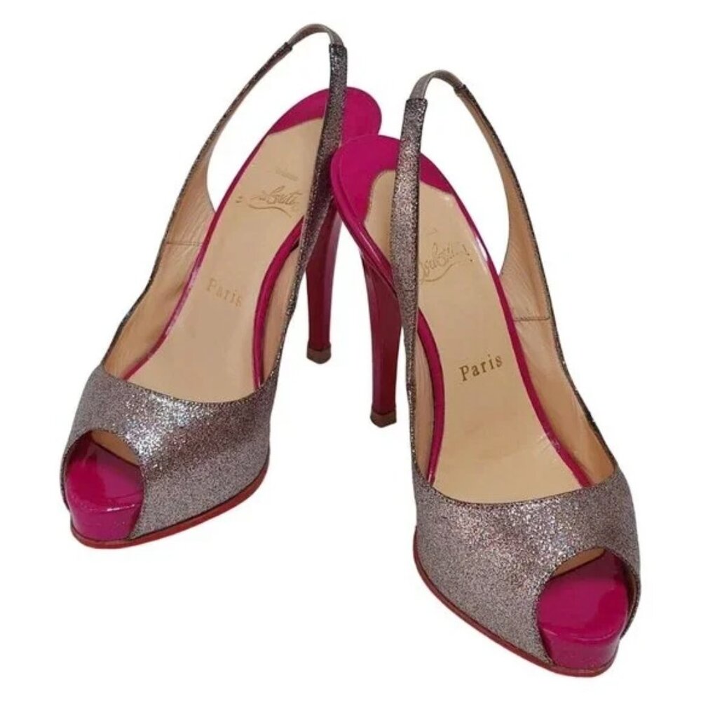Christian Louboutin Glitter Slingback Peep Toe Heels Pink Stiletto, 36 - Picture 2 of 7